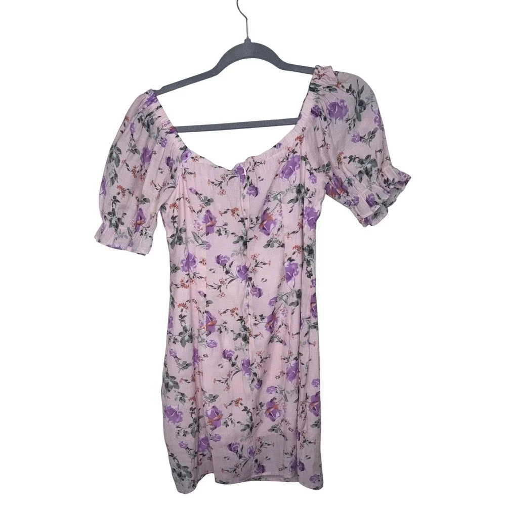 Romantic Pink Floral Puff Sleeve Mini Dress Sweetheart Bustier Tie Front Size 10 - Picture 4 of 4